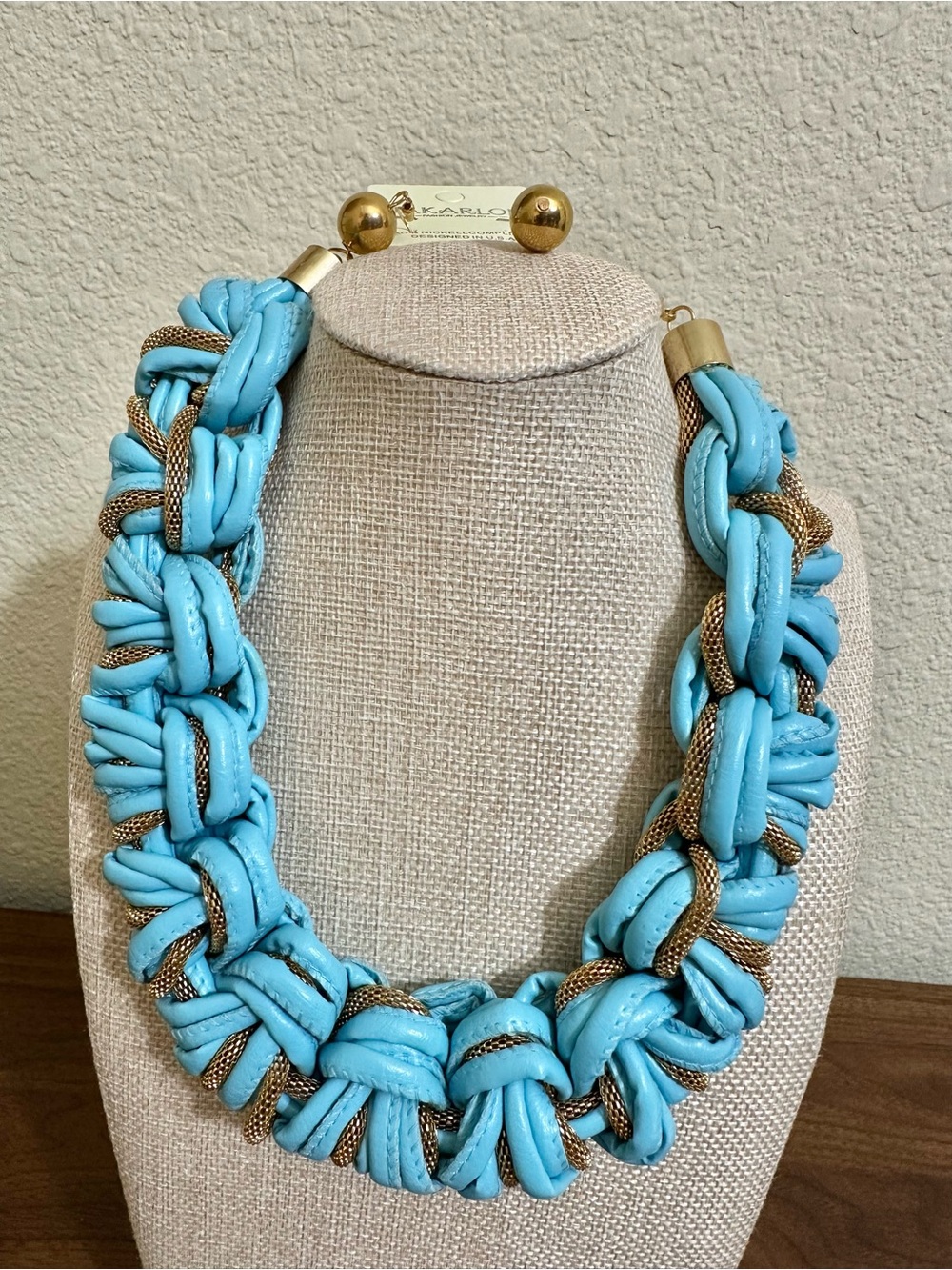 Braided Turquoise Necklace w/Gold Mesh Intertwining (Set)